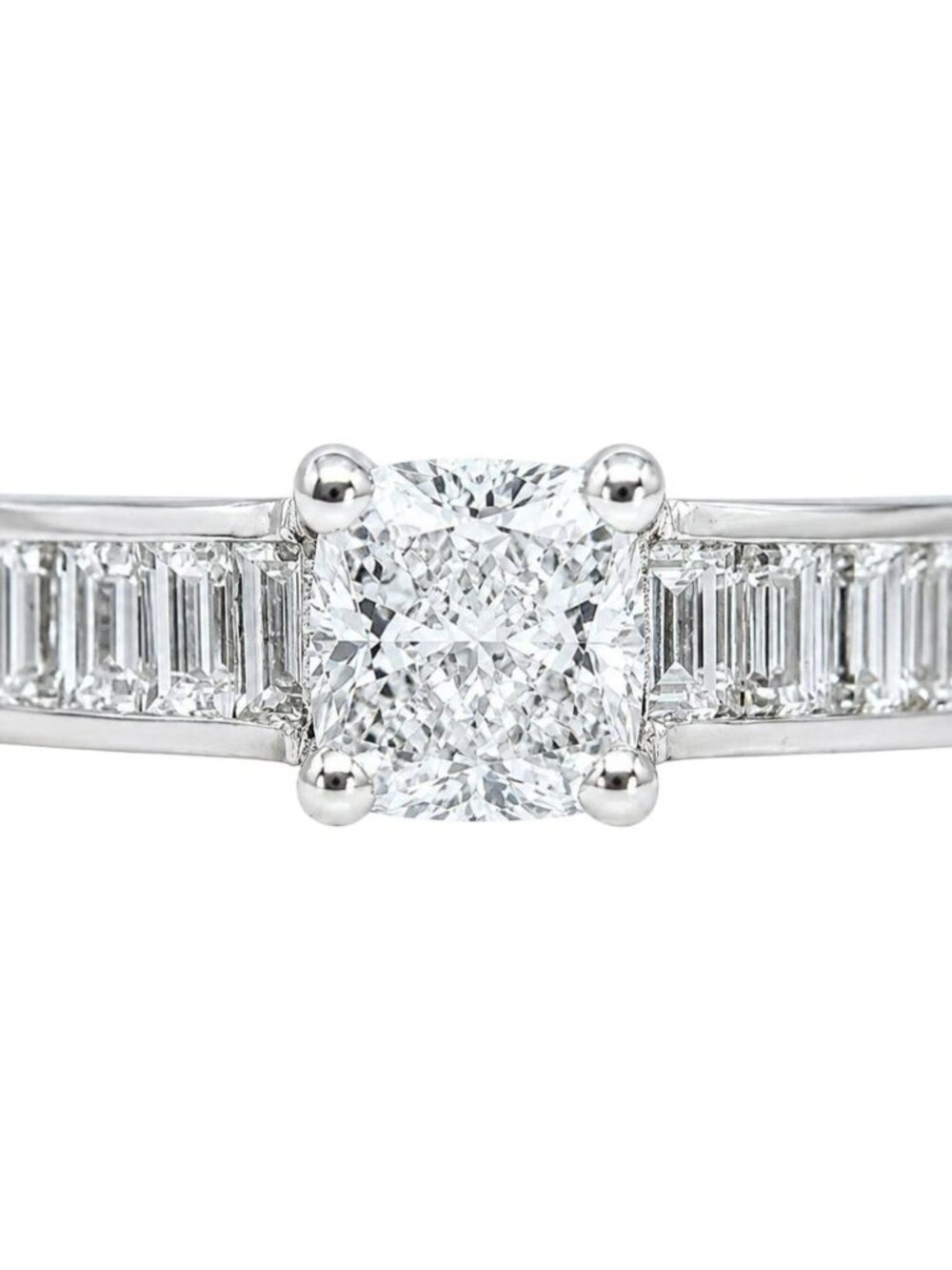 GIA 2.41CT F/VS CUSHION BRILLIANT NATURAL DIAMOND BAGUETTE PLATINUM RING*